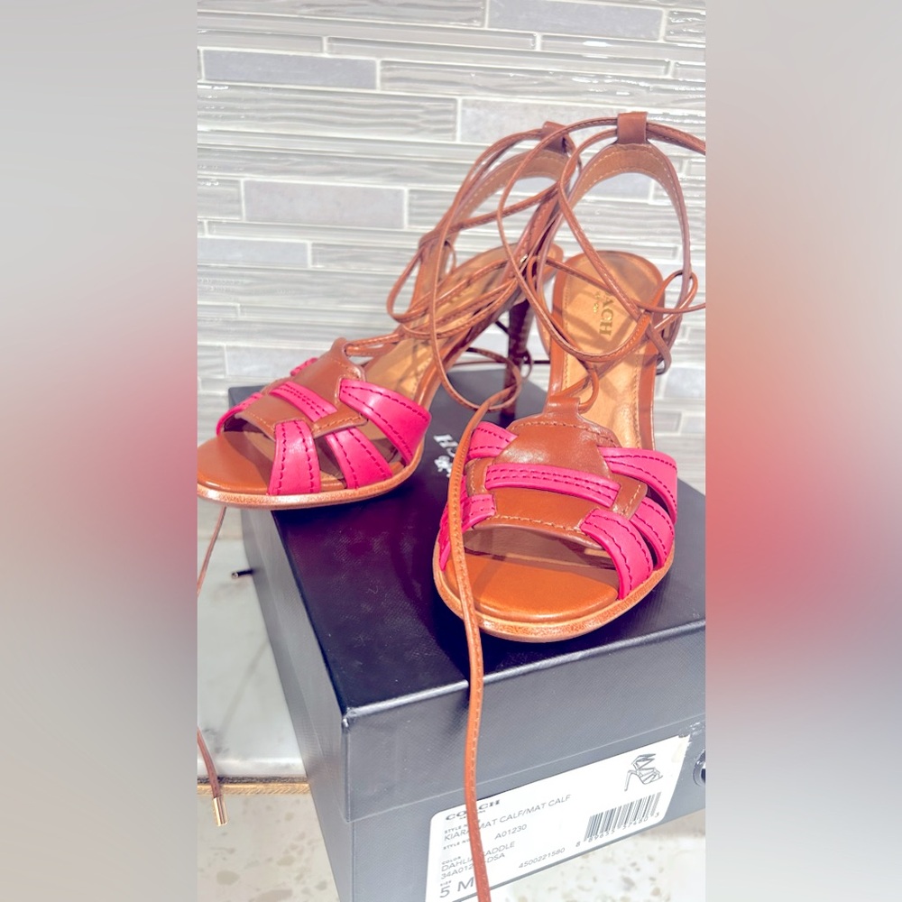 Coach NWB Designer Kiara Leather Pink Brown Lace Up Slingback Heel Sandal Size 5 - Picture 6 of 7